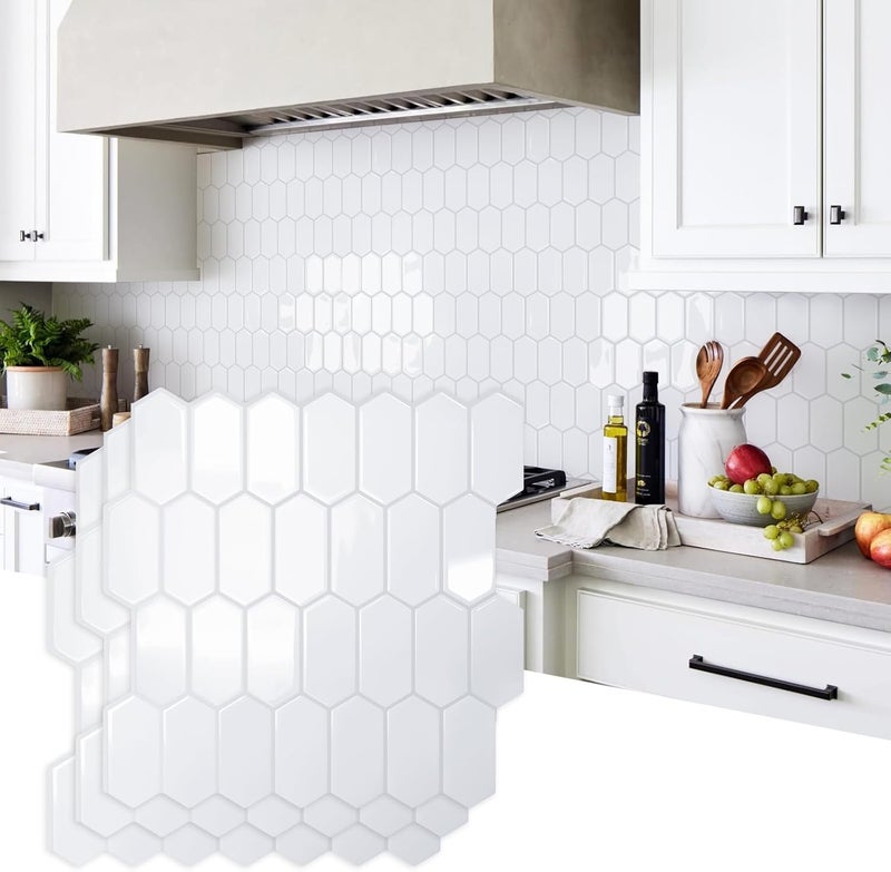 Vamos Tile Upgraded Thicker Design Backsplash Tile Peel and Stick, 10-Sheet Grayish White with Gray Grout Long Hexagon Self Adhesive Wall Tiles Stick On Backsplash for Kitchen Bathroom RV Fireplace - Image 1